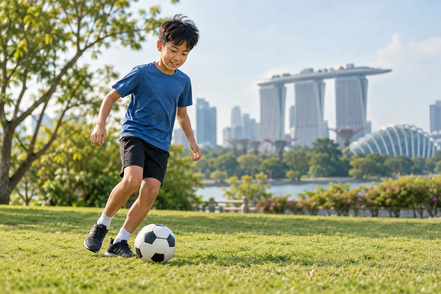 A pre-teen child practising a sport or a musical instrument outdoors in a park