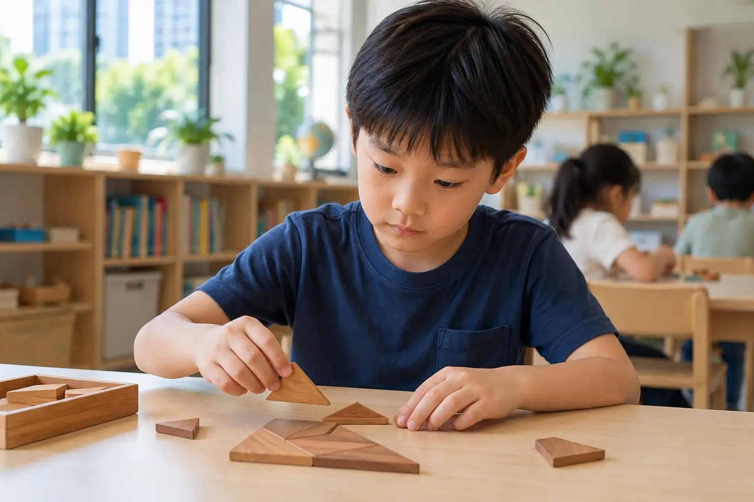 A primary-age child working through a puzzle at a desk in a bright classroom