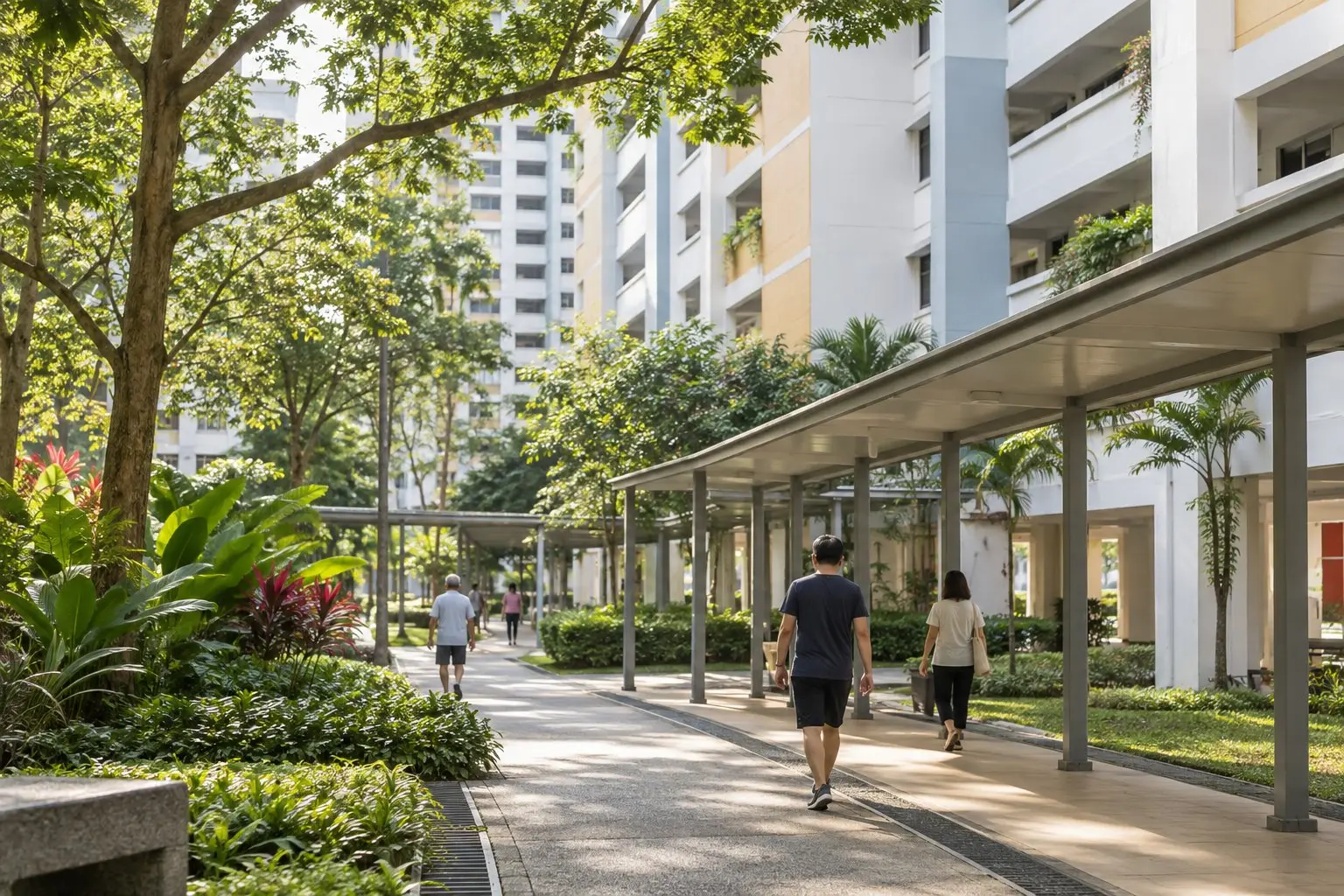 A quiet Singapore residential neighbourhood with apartment blocks and tree-lined walkways in the morning