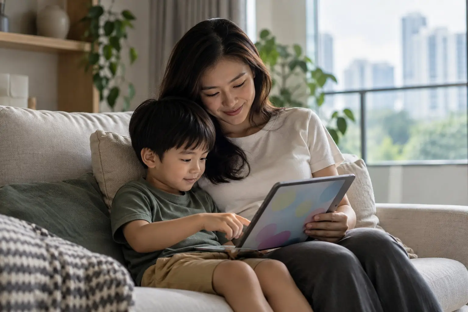 A parent and a young child looking at a tablet together on a sofa at home