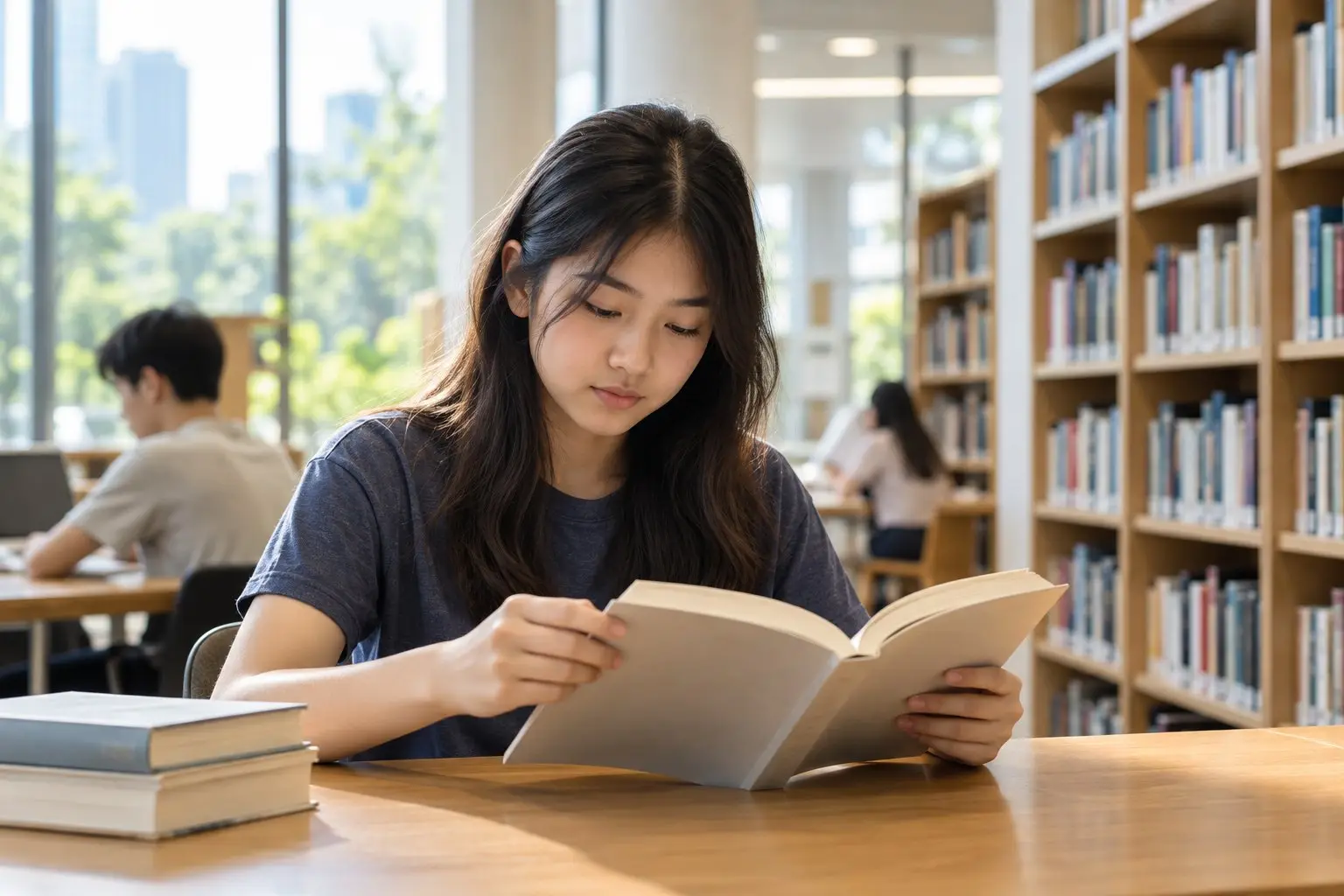 A teenage student reading in a bright library with bookshelves behind