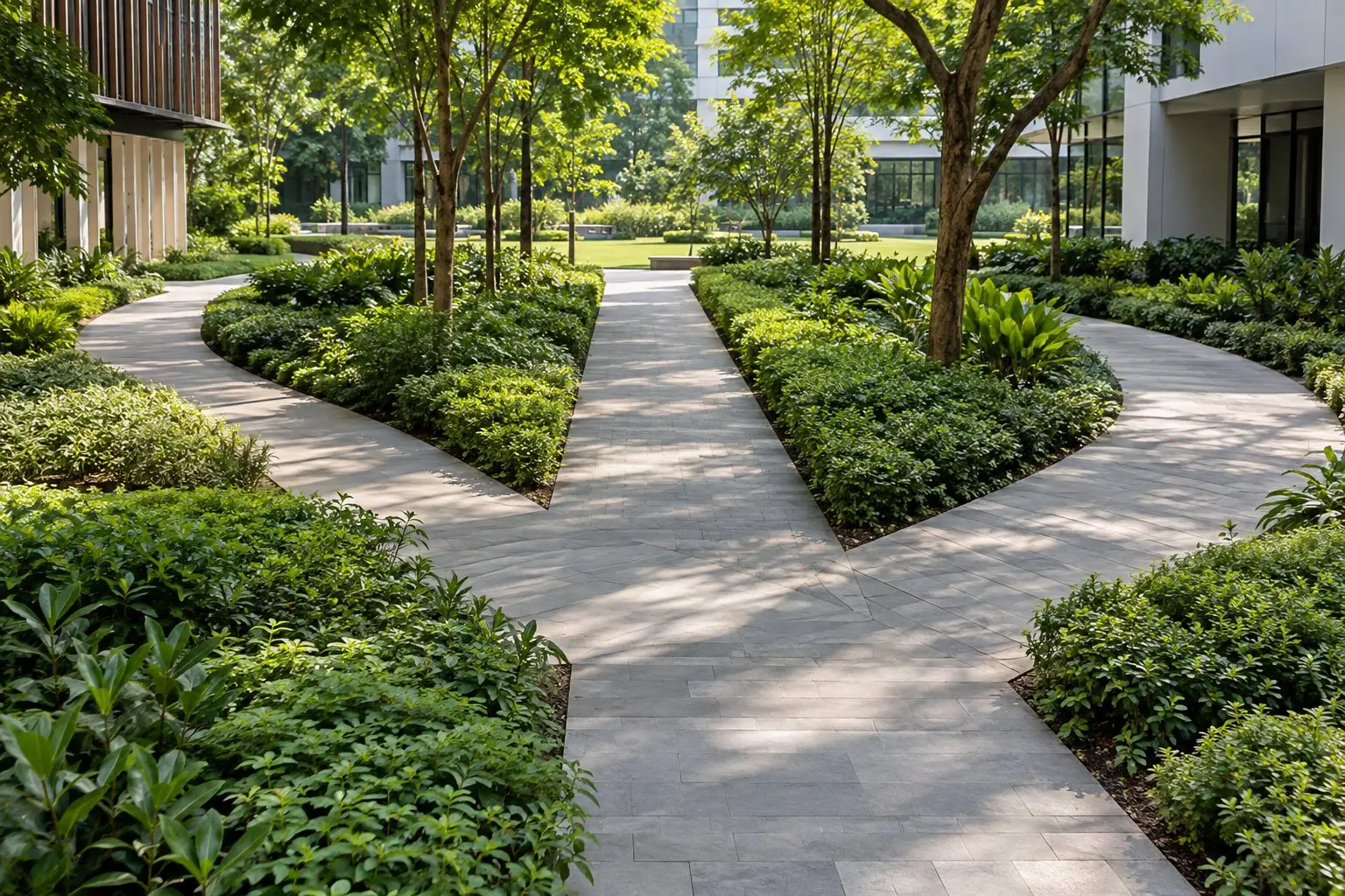 Three footpaths diverging through a calm green campus courtyard on a bright day, no people