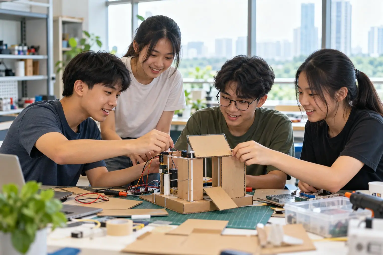Students working together on a hands-on science and design project at a classroom table