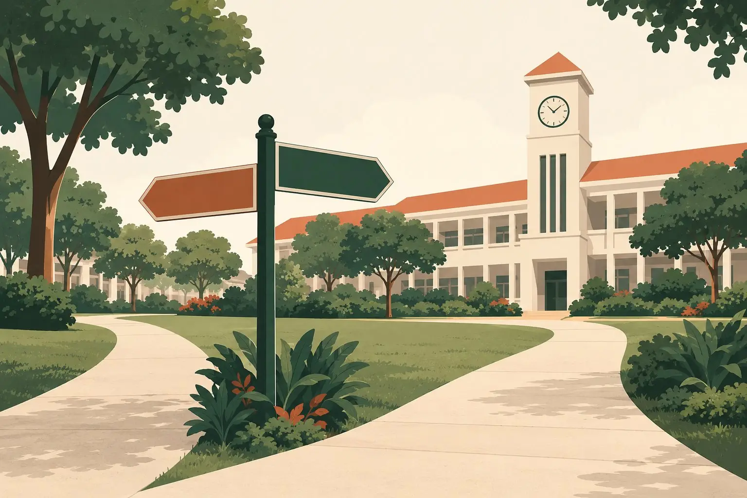 Illustration of a campus signpost pointing along a path toward a junior college building, no people