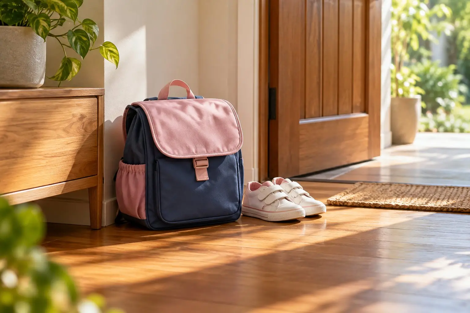 A child's school satchel and a pair of small canvas shoes by a sunlit front door in the morning