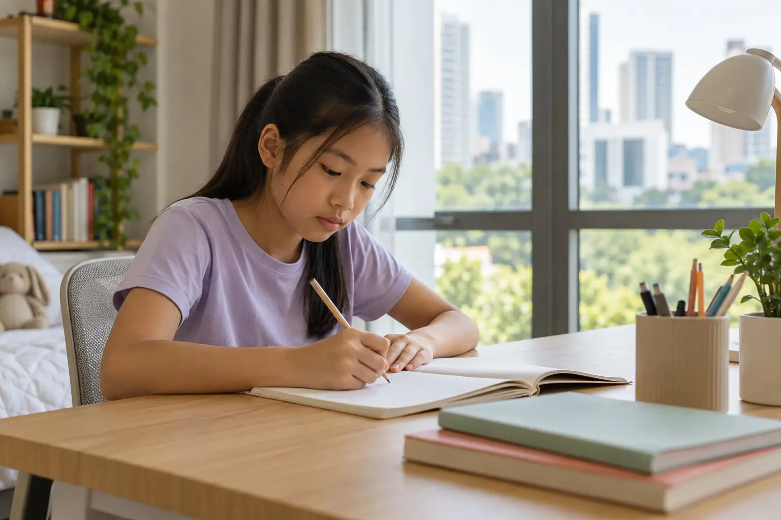 A primary-school-age child writing at a tidy study desk at home in the afternoon