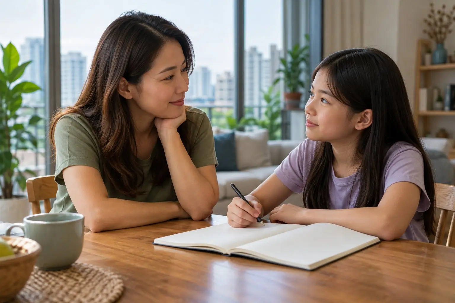 A parent and a pre-teen child talking over a notebook at a dining table at home