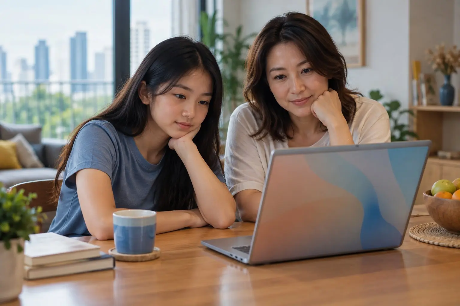 A teenage student and a parent considering school choices at a laptop at home