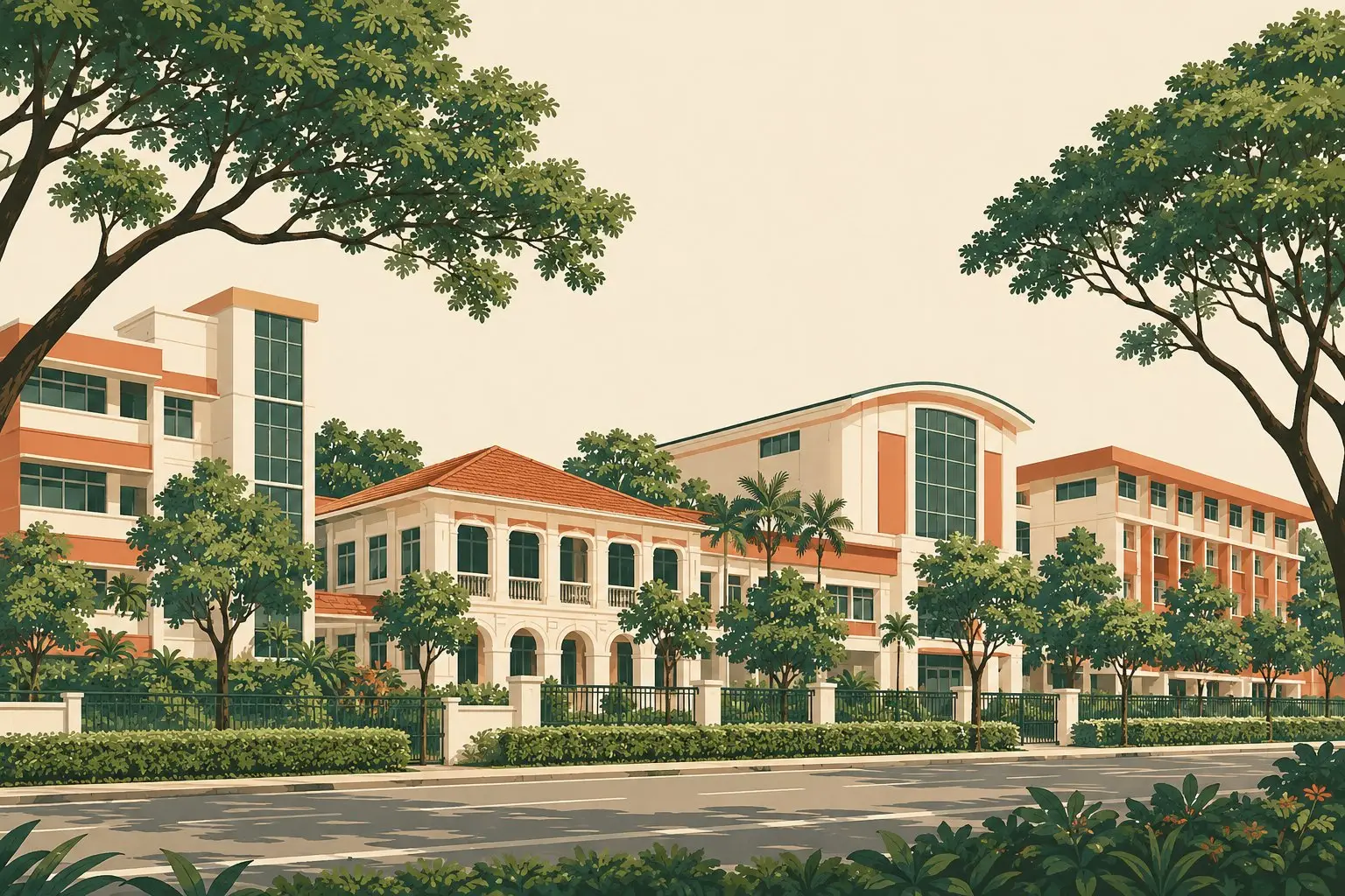 Illustration of several different Singapore school buildings side by side along a tree-lined street, no people